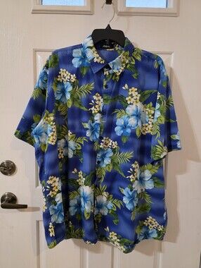 Jogal Size XXL Blue Floral Hawaiian-Style Short-Sleeve Button-Down Shirt